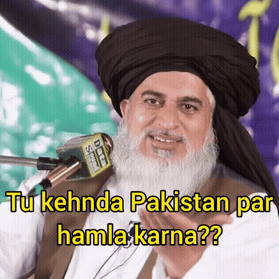 A Man Wearing A Turban Speaking Into A Microphone With The Words Tu Kehnda Pakistan Par Hamla Karna Written Below Him GIF