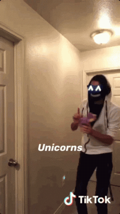 A Man Wearing A Unicorn Mask Is Standing In A Hallway Next To A Door GIF