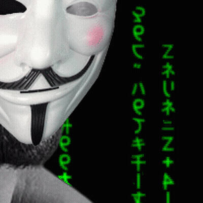 A Man Wearing A V For Vendetta Mask Has Green Writing On The Side Of His Face GIF