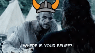 A Man Wearing A Viking Hat Is Asking Another Man Where Is Your Belief GIF