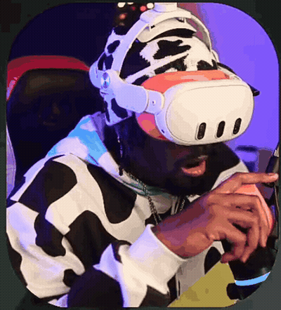 A Man Wearing A Virtual Reality Headset And A Cow Print Hat GIF