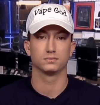 A Man Wearing A White Hat That Says Vape God On It GIF