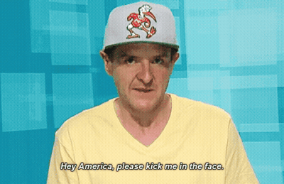 A Man Wearing A White Hat With A Bird On It Says Hey America Please Kick Me In The Face GIF