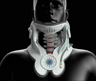 A Man Wearing A White Neck Brace With A Blue Button GIF