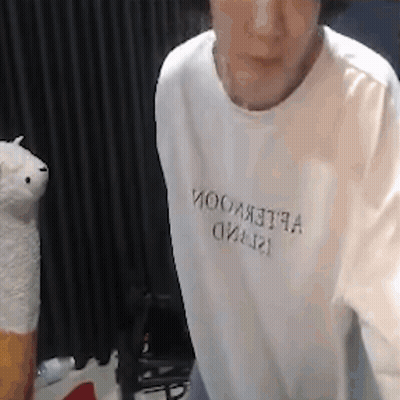 A Man Wearing A White T-Shirt Is Standing In Front Of A Stuffed Llama . GIF