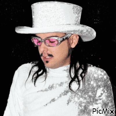 A Man Wearing A White Top Hat And Pink Sunglasses . GIF