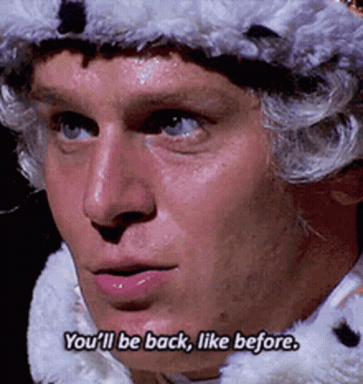 A Man Wearing A Wig And Hat Says You 'Ll Be Back Like Before GIF