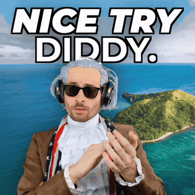A Man Wearing A Wig And Headphones Says " Nice Try Diddy " GIF