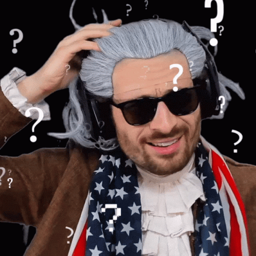 A Man Wearing A Wig And Sunglasses Has A Lot Of Question Marks Around His Head GIF