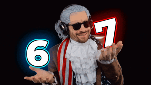 A Man Wearing A Wig And Sunglasses Has The Number 6 And 7 On His Chest GIF