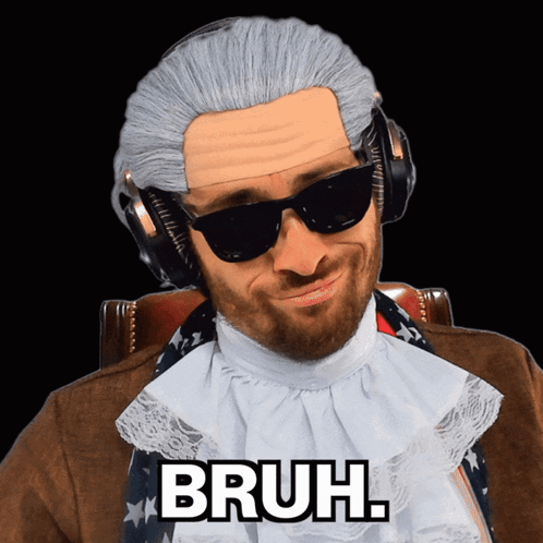 A Man Wearing A Wig And Sunglasses Has The Word Bruh Written On His Face GIF