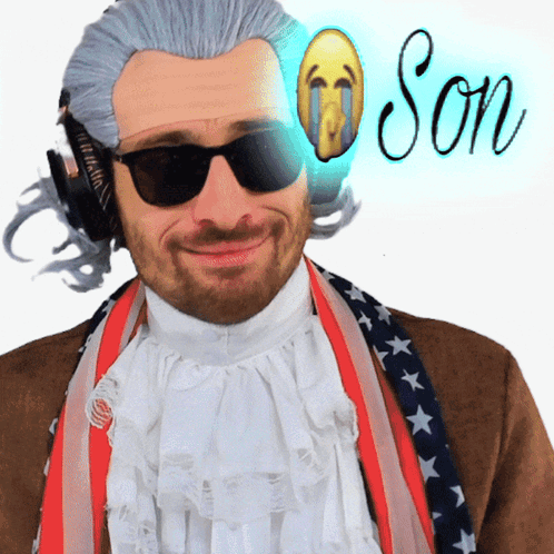 A Man Wearing A Wig And Sunglasses Has The Word Son Written On The Bottom GIF