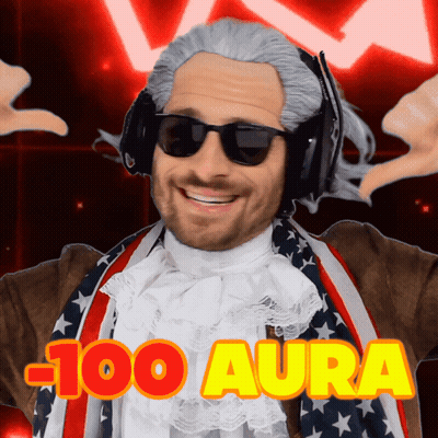 A Man Wearing A Wig And Sunglasses Has The Words 100 Aura On His Chest GIF