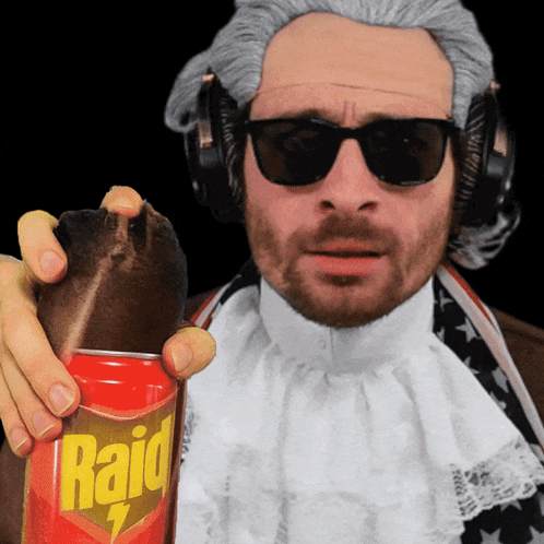 A Man Wearing A Wig And Sunglasses Holds A Can Of Raid GIF