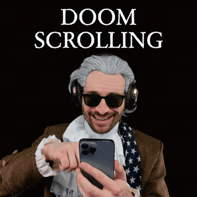 a man wearing a wig and sunglasses holds a cell phone in front of a sign that says " doom scrolling "