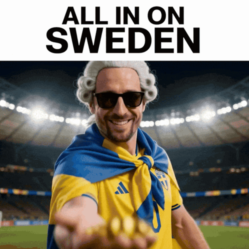 A Man Wearing A Wig And Sunglasses Holds Out His Hand With The Words All In On Sweden Behind Him GIF