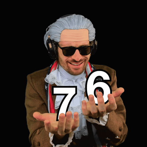 A Man Wearing A Wig And Sunglasses Holds Up The Number 76 In His Hands GIF