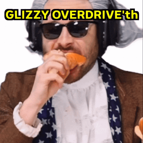 A Man Wearing A Wig And Sunglasses Is Eating An Orange With The Words Glizzy Overdrive 'Th Written Above Him GIF