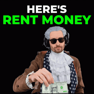 A Man Wearing A Wig And Sunglasses Is Holding A 100 Dollar Bill GIF