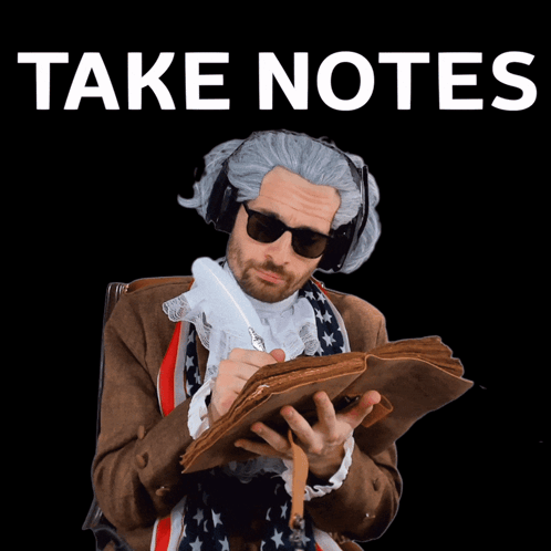 A Man Wearing A Wig And Sunglasses Is Holding A Book With The Words Take Notes On It GIF