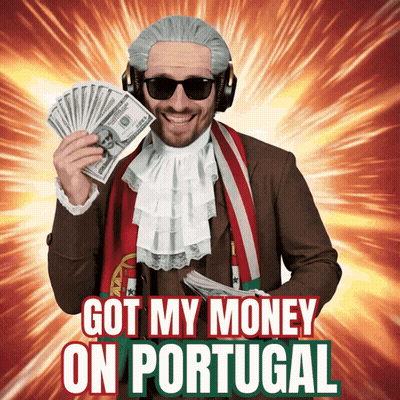 A Man Wearing A Wig And Sunglasses Is Holding A Bunch Of Money And The Words Got My Money On Portugal GIF