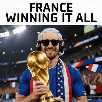 A Man Wearing A Wig And Sunglasses Is Holding A Trophy With The Words France Winning It All Above Him GIF