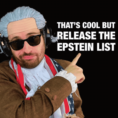 A Man Wearing A Wig And Sunglasses Is Pointing To The Epstein List GIF