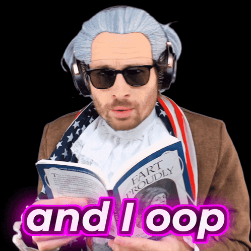 A Man Wearing A Wig And Sunglasses Is Reading A Book Titled Fart Proudly GIF