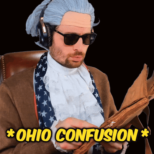 A Man Wearing A Wig And Sunglasses Is Reading A Book With The Words " Ohio Confusion " On The Bottom GIF
