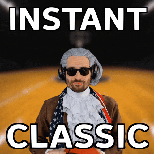 A Man Wearing A Wig And Sunglasses Is Standing In Front Of A Sign That Says Instant Classic GIF