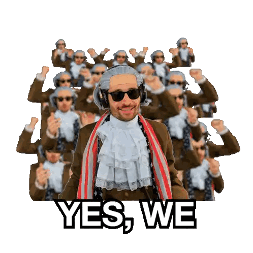A Man Wearing A Wig And Sunglasses Is Surrounded By Other Men With The Words Yes We Written Below Him Sticker