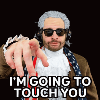 A Man Wearing A Wig And Sunglasses Points At The Camera With The Words I 'M Going To Touch You Behind Him GIF
