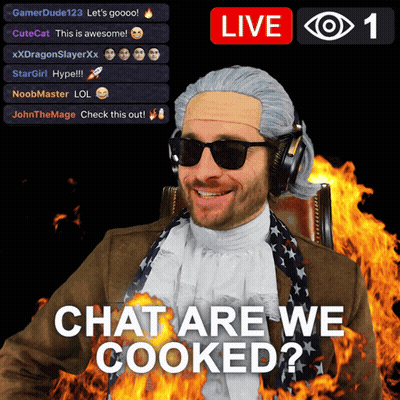 A Man Wearing A Wig And Sunglasses Says " Chat Are We Cooked " In Front Of A Fire Background GIF