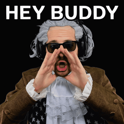 A Man Wearing A Wig And Sunglasses Says Hey Buddy While Wearing Headphones GIF