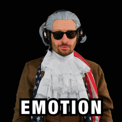 A Man Wearing A Wig And Sunglasses Stands In Front Of A Banner That Says Emotion GIF