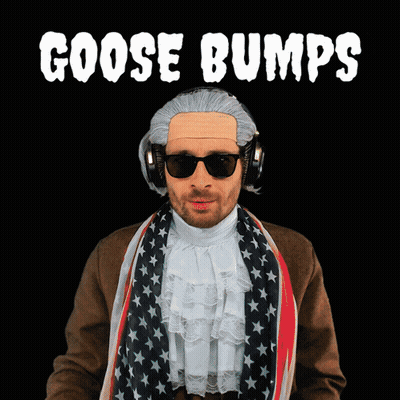 A Man Wearing A Wig And Sunglasses Stands In Front Of A Black Background With The Words Goose Bumps On It GIF