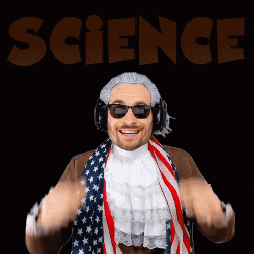 A Man Wearing A Wig And Sunglasses Stands In Front Of A Sign That Says " Science " GIF