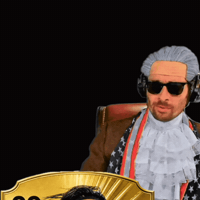 A Man Wearing A Wig And Sunglasses Stands Next To A Gold Card That Says 99 St GIF