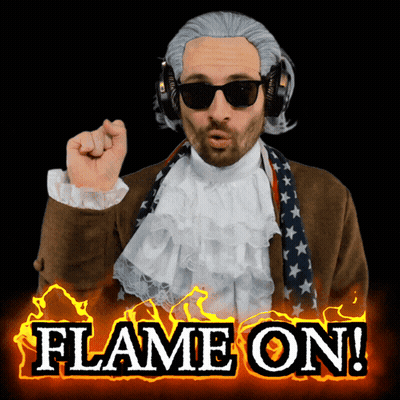 A Man Wearing A Wig And Sunglasses With The Words Flame On Behind Him GIF