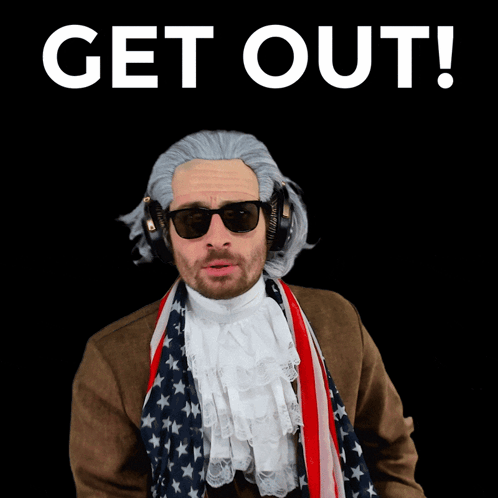 A Man Wearing A Wig And Sunglasses With The Words " Get Out " Behind Him GIF