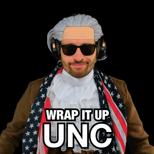 A Man Wearing A Wig And Sunglasses With The Words " Wrap It Up Unc " On The Bottom GIF