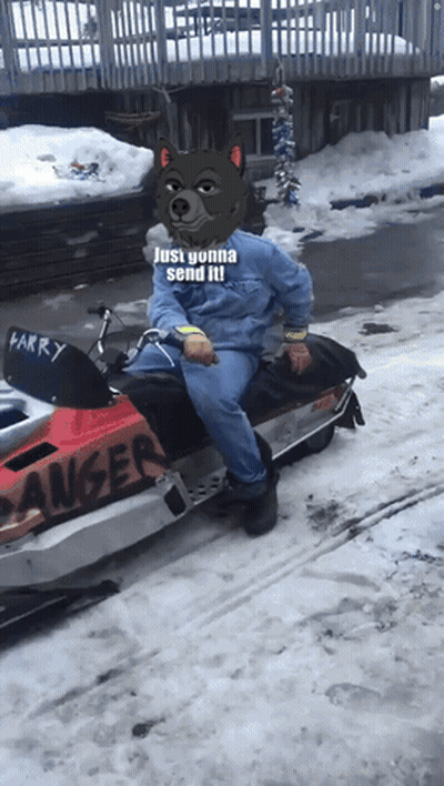 A Man Wearing A Wolf Mask Is Sitting On A Snowmobile That Says Larry GIF