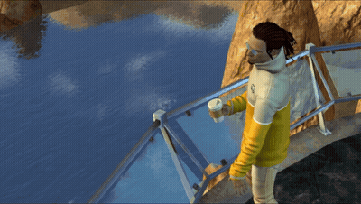 A Man Wearing A Yellow And White Sweatshirt With The Letter S On It Stands On A Bridge Overlooking A Body Of Water GIF