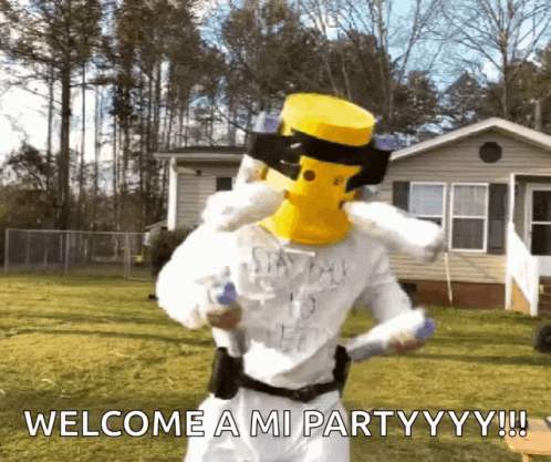 A Man Wearing A Yellow Hat And A White Shirt Says Welcome A Mi Party GIF