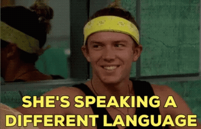 A Man Wearing A Yellow Headband With The Words She 'S Speaking A Different Language GIF
