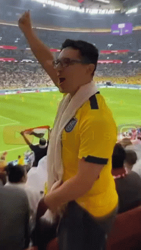 A Man Wearing A Yellow Shirt With A Scarf Around His Neck Stands In A Stadium GIF