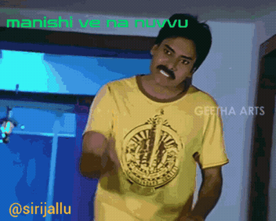 A Man Wearing A Yellow Shirt With The Word Geeta Arts On The Bottom GIF