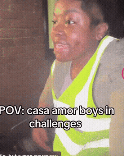 A Man Wearing A Yellow Vest With The Words Pov Casa Amor Boys In Challenges GIF