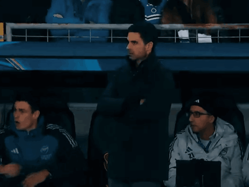 A Man Wearing An Adidas Jacket Stands In The Stands Watching A Game GIF