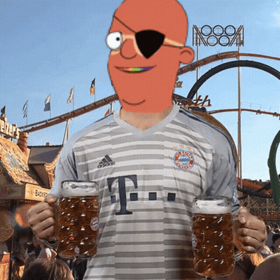 A Man Wearing An Adidas Shirt Is Holding Two Mugs Of Beer In Front Of A Roller Coaster GIF